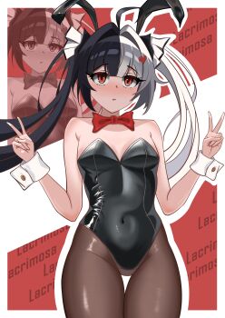 1girl absurdres ahoge animal_ears black_hair black_leotard black_pantyhose bow bowtie breasts closed_mouth double_v fake_animal_ears hair_ornament heart heart_hair_ornament highres jibei_(lyh2279755496) lacrimosa_(nte) leotard long_hair looking_at_viewer multicolored_hair neverness_to_everness pantyhose rabbit_ears red_bow red_eyes small_breasts solo split-color_hair strapless strapless_leotard v very_long_hair white_hair white_wrist_cuffs wrist_cuffs