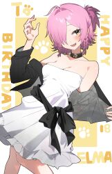 Rule 34 | 1girl, absurdres, artist self-insert, blush, braid, breasts, cleavage, collar, commentary, dress, elma07, hair intakes, hair over one eye, half updo, hand up, happy birthday, highres, jacket, looking at viewer, off shoulder, open mouth, original, pink hair, sash, sharp teeth, short hair, side braids, solo, strapless, strapless dress, teeth, yellow eyes