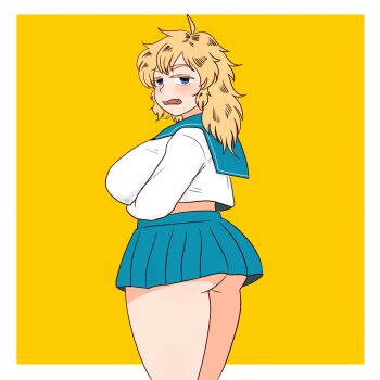 1girl :o alternate_body_size alternate_breast_size_(larger) ass blonde_hair blue_eyes blue_skirt breasts commentary_request fang highres kashiwagi_sara large_breasts long_hair long_sleeves midriff plump popoleon school_uniform scum_of_the_brave serafuku shirt simple_background skirt solo standing white_shirt yellow_background