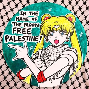 1girl bishoujo_senshi_sailor_moon blonde_hair blue_eyes button earrings food fruit gloves hat jewelry keffiyeh looking_at_viewer meme palestine photo_(medium) politics real_life sailor_moon sailor_senshi_uniform staryoo straw_hat tiara tsuki_ni_kawatte_oshioki_yo tsukino_usagi watermelon