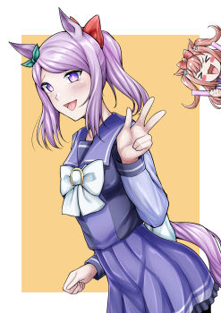 2girls agnes_digital_(umamusume) alternate_costume alternate_hairstyle animal_ears bow commentary_request ear_bow ear_ribbon highres horse_ears horse_girl horse_tail mejiro_mcqueen_(umamusume) multiple_girls ponytail purple_hair purple_sailor_collar purple_shirt purple_skirt rikkii_(likito_yuzu_is) sailor_collar sailor_shirt school_uniform serafuku shirt skirt smile solo_focus tail tracen_school_uniform umamusume v white_bow winter_uniform