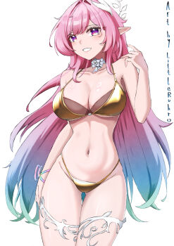 Rule 34 | 1girl, absurdres, aqua hair, artist name, bikini, breasts, cleavage, commentary, cyrene (demiurge) (honkai: star rail), cyrene (honkai: star rail), diamond-shaped pupils, diamond (shape), english commentary, gold bikini, gradient hair, highres, honkai: star rail, honkai (series), large breasts, littleruhro, long hair, multicolored hair, navel, pink hair, pointy ears, purple eyes, simple background, smile, solo, stomach, swimsuit, symbol-shaped pupils, thighs, two-tone hair, very long hair, white background