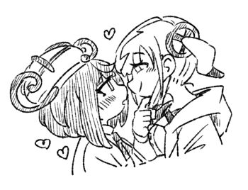 2girls blush canari_(pokemon) closed_mouth gwynn_(pokemon) hat heart looking_at_another mask_pull moribo multiple_girls open_mouth pokemon pokemon_legends:_z-a short_hair sketch smile yuri