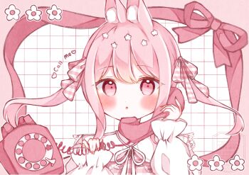 1girl absurdres animal_ear_fluff animal_ears antique_phone blush commentary english_text grid_background hair_ribbon highres long_hair long_sleeves looking_at_viewer original phone pink_eyes pink_hair rabbit_ears rabbit_girl ribbon ribbon_border rotary_phone striped_ribbon symbol-only_commentary tsukino_mano twintails