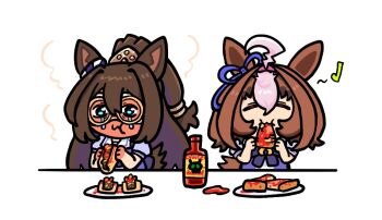 2girls :3 ahoge animal_ears blue_eyes blush bow brown_hair closed_eyes closed_mouth crying crying_with_eyes_open eating el_condor_pasa_(umamusume) eye_mask food food_in_mouth full-face_blush hair_between_eyes horse_ears horse_girl horse_tail hot_sauce long_hair mask meisho_doto_(umamusume) multicolored_hair multiple_girls pikminpreggedup pizza pizza_slice ponytail purple_bow purple_shirt sailor_collar school_uniform shirt short_hair short_sleeves taco tail tears tracen_school_uniform two-tone_hair umamusume white_hair white_sailor_collar