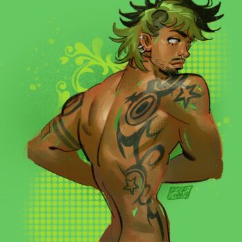 1boy antonio_leon_mars_(skcd_loen) arm_tattoo artist_logo back back_tattoo black_hair closed_mouth commentary cowboy_shot cyber_sigilism earrings facial_hair flourish_(design) frutiger_metro goatee green_background green_eyes green_hair halftone hashtag-only_commentary jewelry logo looking_to_the_side mullet multicolored_hair mustache original ring_piercing short_hair shoulder_tattoo silver_earrings silver_piercing skcd_loen sketch star_(symbol) star_tattoo stubble symbol-only_commentary tan tattoo thick_lineart two-tone_hair undercut