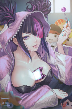 Rule 34 | 1girl, artist name, breasts, candy, capcom, dhalsim, e. honda, food, hair through hood, han juri, heterochromia, highres, holding, holding candy, holding food, holding lollipop, ken masters, large breasts, lollipop, looking at viewer, lying, multicolored hair, on stomach, onesie, phone in breasts, ryu (street fighter), solo, streaked hair, street fighter, street fighter 6, stuffed toy, tomo eokaiteru, tongue, tongue out, zipper