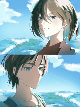 1boy 1girl blue_eyes cloud cloudy_sky couple eren_yeager facial_scar green_eyes hair_between_eyes hetero highres light_smile looking_at_another mikasa_ackerman ocean parted_bangs parted_lips red_scarf scar scar_on_cheek scar_on_face scarf shingeki_no_kyojin short_hair sky tatakaehhhh upper_body