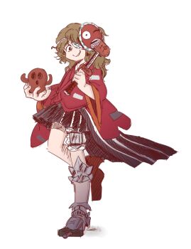 1other ametsukana_yago androgynous bandage_over_one_eye bandaged_leg bandages black_hakama brown_eyes brown_hair chikafumikou commentary_request cork full_body hakama hakama_short_skirt hakama_skirt haniwa_(statue) happy holding holding_statue holding_sword holding_weapon japanese_clothes kimono knee_pads leg_up len'en long_sleeves looking_at_viewer mask mask_on_head mechanical_foot medium_hair messy_hair noh_mask other_focus parted_lips patchwork_clothes red_kimono red_mask red_socks shadow short_kimono short_sword simple_background single_knee_pad single_sock skirt smile socks solo standing sword weapon white_background wide_sleeves