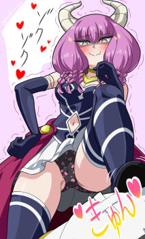 2girls aura_(sousou_no_frieren) black_panties blue_eyes blush braid breasts cleavage clothing_cutout commentary_request demon_girl demon_horns elf frieren gloves gold_necklace heart heart_panties heart_print highres horns jewelry long_hair looking_at_viewer low-braided_long_hair low-tied_long_hair medium_breasts multiple_girls navel navel_cutout necklace overskirt panties pointy_ears print_panties purple_hair quad_braids roriizo smile solo sousou_no_frieren symbol-shaped_pupils twintails underwear