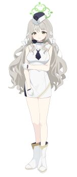 1girl absurdres black_necktie blue_archive boots bow breasts brown_eyes brown_hair commentary_request dress full_body fuyubone garrison_cap gloves green_halo hair_bow halo hat highres holding_own_arm long_hair looking_at_viewer miyo_(blue_archive) necktie short_necktie simple_background sleeveless sleeveless_dress solo standing utnapishtim_operator_uniform_(blue_archive) wavy_hair white_background white_boots white_bow white_dress white_gloves