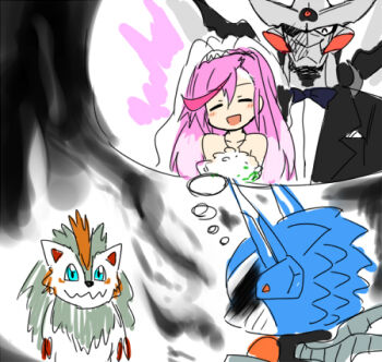 1girl 3boys angry appmon charismon digimon digimon_(creature) digimon_universe:_appli_monsters dokamon dress erismon formal_clothes karan_eri lowres monster_boy multiple_boys n36hoko pink_hair shaded_face suit thinking wedding_dress what