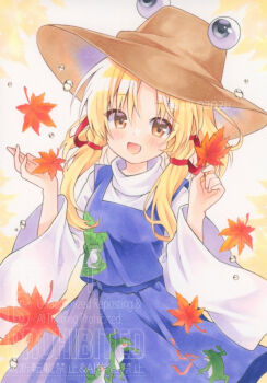 1girl animal_print autumn_leaves blonde_hair blush brown_hat commentary_request falling_leaves frog_print hair_ribbon hat highres holding holding_leaf leaf long_hair long_sleeves looking_at_viewer maple_leaf marker_(medium) moriya_suwako open_mouth print_skirt print_vest purple_skirt purple_vest ribbon skirt skirt_set smile solo touhou traditional_media tress_ribbon vest watermark wide_sleeves yuiki_(cube)