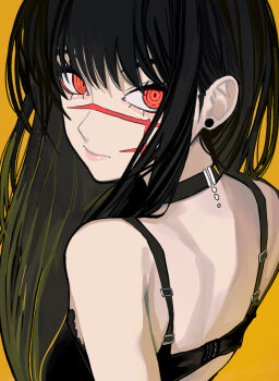 1girl aegyo_sal back black_bra black_choker black_hair bra chainsaw_man choker cross_scar earrings facial_scar highres jewelry long_hair looking_at_viewer orange_eyes ringed_eyes sailen0 scar scar_on_cheek scar_on_face sideways_glance simple_background solo stud_earrings underwear yellow_background yoru_(chainsaw_man)