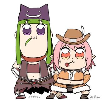 2girls :3 arms_behind_back assassin_cross_(ragnarok_online) bkub_(style) blunt_bangs boots brown_footwear brown_gloves brown_headwear brown_shirt brown_shorts brown_skirt brown_vest chibi closed_mouth commentary_request cowboy_hat crop_top deviruchi_hat elbow_gloves flower flower_in_mouth full_body fur-trimmed_shirt fur-trimmed_shorts fur_trim gloves green_hair hat hat_feather long_hair looking_at_viewer midriff miyan_(shamigame) multiple_girls navel orange_eyes parody pink_hair pointy_ears poptepipic poptepipic_pose purple_eyes ragnarok_masters ragnarok_online red_scarf scarf shirt shoes short_hair shorts signature simple_background skirt sleeveless sleeveless_shirt smile sniper_(ragnarok_online) standing style_parody two-tone_shirt vambraces vest white_background