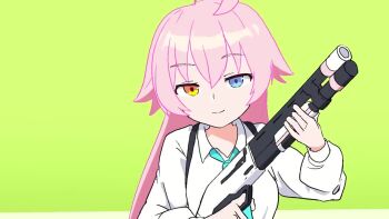 2girls ahoge anikari_(9rxxr72gzagsn9p) animated beretta_1301 black_skirt black_socks blue_archive blue_eyes commentary_request firing green_background grey_sailor_collar grey_skirt gun halo helmet helmet_gangster_(blue_archive) heterochromia holding holding_gun holding_weapon hoshino_(blue_archive) long_hair long_sleeves multiple_girls neckerchief open_mouth orange_eyes pink_hair sailor_collar shirt shotgun simple_background skirt smoke socks standing suspenders tagme video weapon white_shirt