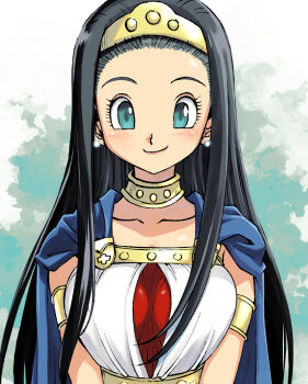 1girl aqua_eyes armlet black_hair blue_cape breasts cape closed_mouth collarbone dragon_quest dragon_quest_viii earrings eyelashes gold_hairband hairband jewelry lips long_hair looking_at_viewer medea_(dq8) medium_breasts muramasa_mikado neck_ring official_style pink_lips princess_medea smile solo straight-on straight_hair toriyama_akira_(style) upper_body