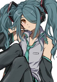 1boy aqua_necktie black_sleeves black_thighhighs blue_hair brown_eyes collared_shirt commentary_request cosplay crossdressing crossdressing_(mtf) detached_sleeves grey_shirt hair_over_one_eye hand_in_own_hair hatsune_miku hatsune_miku_(cosplay) highres inazuma_eleven inazuma_eleven_(series) kazemaru_ichirouta long_hair looking_at_viewer male_focus necktie parted_lips shirt sidelocks simple_background solo thighhighs trap twintails very_long_hair vocaloid white_background x_inaire_00