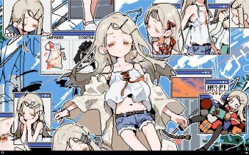 1girl absurdres belt blonde_hair blue_shorts blue_sky box braid brown_belt camisole cityscape cloud collarbone colored_eyelashes commentary_request contrast_(idolmaster) cowboy_shot denim denim_shorts desktop_(computing) earrings flipped_hair floating_hair gakuen_idolmaster gift gift_box gradient_hair grey_hair grey_robe hair_ornament hair_ribbon hairclip hands_on_own_face hatsuboshi_gakuen_school_uniform help_(phrase) highres idolmaster jewelry koukei_(idolmaster) long_hair long_sleeves looking_at_viewer looking_down midriff multicolored_hair multiple_views off_shoulder open_clothes open_robe orange_eyes orange_ribbon parallel_hairclips parted_bangs pixel_art reaching reaching_towards_viewer red_ribbon ribbon ribbon_braid robe rope_belt school_uniform shinosawa_hiro short_shorts shorts single_braid sky stud_earrings sunfaded_(idolmaster) utsusemi_1024 white_camisole wide_sleeves window_(computing) wristband x_hair_ornament