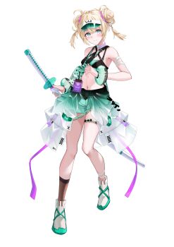 1girl absurdres aqua_eyes bare_shoulders blonde_hair boots closed_mouth double_bun fishnet_socks fishnets full_body green_nails green_shorts hair_bun highres holding holding_sword holding_weapon hololive kazama_iroha looking_at_viewer navel see-through_clothes see-through_footwear short_hair shorts simple_background single_sock smile socks solo standing stomach sword tilu transparent_background virtual_youtuber weapon white_background