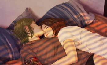 2girls absurdres arm_tattoo bed black_panties brown_hair chloe_price commentary cuddling english_commentary freckles green_hair highres hug life_is_strange:_reunion life_is_strange_(series) lying max_caulfield multiple_girls panties pillow short_hair sleeping tattoo underwear visualeffex yuri