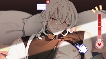 ! ... 1boy a_date_with_death biting_own_lip blush casper_(a_date_with_death) clenched_teeth clothes_lift crossed_bangs crying crying_with_eyes_open cursor hair_over_shoulder head_on_pillow highres horizontal_spotlight looking_at_viewer lying male_focus nipple_stimulation non-web_source official_art on_back on_bed pectorals pillow red_eyes shirt_lift sleeveless sleeveless_turtleneck solo speech_bubble sweat tears teeth thermometer turtleneck upper_body viewer_self-insert white_hair wolf_cut