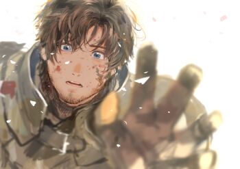 1boy armor beard_stubble black_hair blood blood_on_face blue_eyes blurry blurry_foreground clive_rosfield commentary english_commentary facial_hair facial_mark final_fantasy final_fantasy_xvi hair_between_eyes j2_path male_focus messy_hair open_mouth outstretched_hand plate_armor short_hair solo stubble upper_body white_background