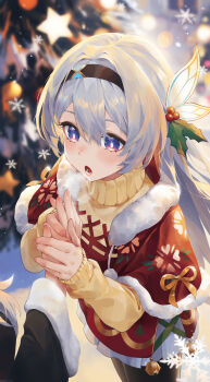 2girls absurdres alternate_costume black_hairband black_pantyhose blurry blurry_background blush capelet commentary firefly_(honkai:_star_rail) grey_hair hair_ornament hairband highres holding_hands honkai:_star_rail honkai_(series) long_hair long_sleeves lower_teeth_only multicolored_eyes multiple_girls open_mouth outdoors pantyhose red_capelet snowflakes solo_focus standing stelle_(honkai:_star_rail) sweater swkl:d teeth trailblazer_(honkai:_star_rail) turtleneck turtleneck_sweater winter_clothes