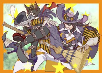 1boy ascot beak black_fur black_hair black_jacket broom cait_sith_(final_fantasy) cait_sith_(final_fantasy)_(cosplay) cait_sith_(pumpkin_jacket) cat clawed_gauntlets collared_shirt commentary_request cosplay costume_switch crown eyepatch fangs final_fantasy final_fantasy_vii final_fantasy_vii:_ever_crisis full_body gloves green_background halloween halloween_costume highres holding holding_broom jacket long_hair male_focus mini_crown msa_mne official_alternate_costume orange_ascot pants pointy_shoes red_shirt red_shoes shirt shoes star_(symbol) striped_clothes striped_pants suit_jacket tuxedo_cat two-tone_ascot two-tone_fur vincent_valentine vincent_valentine_(crowmaster_suit) white_ascot white_fur white_gloves