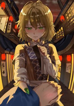 2girls absurdres architecture arm_warmers black_skirt blonde_hair blush brown_shirt commentary_request east_asian_architecture female_pov fingernails green_eyes green_nails highres hoshiguma_yuugi hoshiguma_yuugi_(kimono) karubo_100sei lantern looking_at_viewer mizuhashi_parsee multiple_girls outdoors paper_lantern pov sash scarf shirt short_hair short_sleeves skirt sleeve_pull solo_focus touhou undershirt upper_body white_sash white_scarf