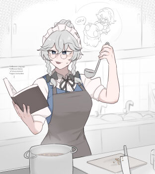 2girls alternate_hairstyle apron bespectacled black_bow black_ribbon blue_eyes book bow braid brown_apron collared_shirt commentary cooking cooking_pot cutting_board english_commentary glasses grey_hair hair_bun highres holding holding_book izayoi_sakuya kitchen knife long_hair maid maid_headdress mata_(matasoup) multiple_girls neck_ribbon open_mouth patchouli_knowledge puffy_short_sleeves puffy_sleeves reading ribbon round_eyewear shirt short_sleeves steam sweatdrop touhou twin_braids white_shirt
