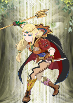 1girl asymmetrical_dual_wielding axe battle_axe black_cape blonde_hair blue_eyes boots brown_boots brown_gloves brown_pants cape circlet closed_mouth colored_eyelashes commentary_request dagger dual_wielding elf fingerless_gloves full_body gloves hair_ornament highres holding holding_axe holding_dagger holding_knife holding_weapon knife long_hair long_pointy_ears looking_at_viewer low-tied_long_hair multicolored_cape pants personification pointy_ears red_cape seijuu_sentai_gingaman serious short_sleeves solo standing super_sentai ueyama_michirou weapon wisdom_tree_moak