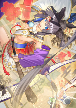 1girl absurdres armor asymmetrical_clothes asymmetrical_sleeves black_hair blue_eyes breast_curtains breasts detached_sleeves fate/grand_order fate_(series) feather_hair_ornament feathers hair_ornament hat highres japanese_armor kusazuri long_hair looking_at_viewer maousoshi medium_breasts mismatched_sleeves open_mouth parted_bangs purple_sleeves revealing_clothes shoulder_armor showgirl_skirt sidelocks single_pantsleg smile sode solo tate_eboshi ushiwakamaru_(fate) ushiwakamaru_(second_ascension)_(fate) white_sleeves