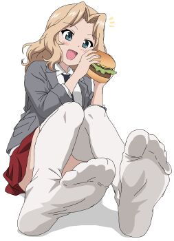 1girl absurdres black_necktie blonde_hair blue_eyes blush burger food girls_und_panzer grey_jacket happy highres holding holding_burger holding_food jacket kay_(girls_und_panzer) long_hair necktie open_mouth red_skirt riokasen saunders_school_uniform school_uniform shirt simple_background sitting skirt solo thighhighs white_background white_shirt white_thighhighs