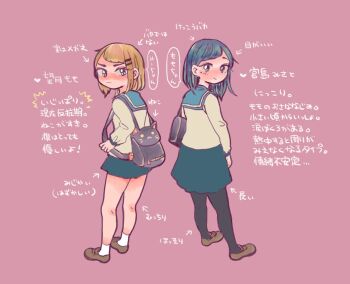 Rule 34 | 1girl, 2girls, animal bag, aqua hair, aqua skirt, arrow (symbol), bad id, bad pixiv id, bag, black bag, black eyes, blonde hair, blue sailor collar, brown footwear, cat bag, commentary request, ebiebi, full body, hair ornament, hairclip, heart, looking at viewer, mole, mole under eye, multiple girls, original, pink background, sailor collar, school uniform, serafuku, short hair, shoulder bag, simple background, skirt, speech bubble, text focus, translation request