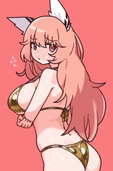 Rule 34 | 1girl, absurdres, alternate breast size (larger), animal ears, arms up, ass, blush, breasts, cat ears, cat girl, commentary request, cowboy shot, flying sweatdrops, from behind, girls' frontline, highres, large breasts, looking at viewer, looking back, nikukabe, persica (girls' frontline), pink background, pink hair, raised inner eyebrows, red eyes, simple background, solo, sweatdrop