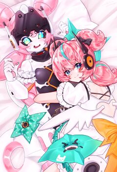 Rule 34 | 2girls, absurdres, aqua hair, aqua streaks, aria (zenless zone zero), arm garter, black sclera, blue eyes, blush, bow, closed mouth, clothing cutout, colored sclera, commentary, crossed bangs, dress, dual persona, english commentary, frilled dress, frilled sleeves, frills, green bow, green eyes, hair between eyes, head on pillow, heart cutout, highres, hug, humanoid robot, looking at viewer, looking back, lying, multicolored hair, multiple girls, on back, on stomach, open mouth, pillow, pink hair, polka dot, polka dot bow, reru, robot, robot girl, smile, streaked hair, sweat, white dress, white wings, wings, zenless zone zero