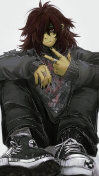 1other an-coinin androgynous artist_name black_pants brown_hair casual colored_skin converse deltarune ear_piercing grey_sweater highres jewelry kris_(deltarune) medium_hair messy_hair multiple_rings pants piercing red_eyes ring shoes sitting sneakers sweater utdr_(toby_fox) yellow_skin