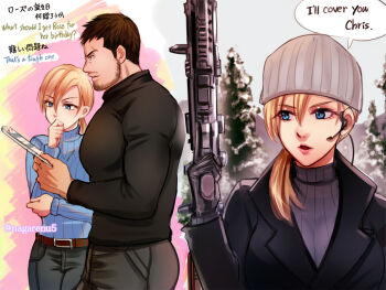 1boy 1girl artist_name assault_rifle beard_stubble belt black_hair black_shirt blonde_hair blue_eyes blue_shirt chris_redfield facial_hair gun hat holding holding_gun holding_weapon jill_valentine long_hair nagare pants ponytail resident_evil resident_evil_village rifle shirt speech_bubble stubble tree weapon