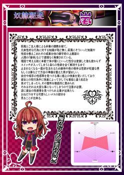 1girl absurdres abyssal_ship ahoge alternate_costume alternate_eye_color animal_collar arashi_(kancolle) arms_behind_head boots breasts character_name chart checkered_background chibi collar corruption dark_persona elbow_gloves fang full_body gloves hair_between_eyes hair_intakes heart heart_tattoo highleg highleg_leotard highres japanese_text kantai_collection latex latex_boots latex_gloves latex_leotard leotard looking_at_viewer medium_breasts medium_hair messy_hair militia_minpei neckerchief open_mouth pleated_skirt pubic_tattoo purple_eyes red_collar red_hair red_skirt revealing_clothes see-through_clothes showgirl_skirt skin_tight skirt solo tattoo thigh_boots thighhighs translated