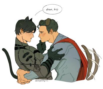2boys animal_ears arm_up arms_around_waist bageltopia batman batman_(series) black_gloves black_hair blue_bodysuit blush bodysuit cape cat_boy cat_ears cat_tail commentary dc_comics dog_ears dog_tail english_text eye_contact from_side gloves grey_bodysuit hand_on_another&#039;s_arm hand_on_another&#039;s_chin highres kemonomimi_mode looking_at_another male_focus medium_sideburns motion_blur multiple_boys parted_lips profile red_cape simple_background speech_bubble superman superman_(series) symbol-only_commentary tail tail_wagging twitter_username white_background yaoi