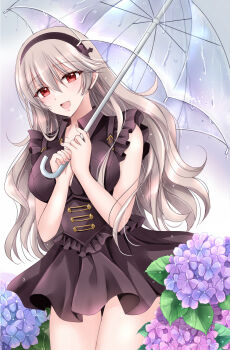 1girl :d alternate_costume bare_arms black_hairband black_shirt black_skirt blue_flower breasts brown_hair cleavage collarbone collared_shirt commentary_request female_corrin_(fire_emblem) fire_emblem fire_emblem_fates flower hair_between_eyes hairband hands_up highres holding holding_umbrella hydrangea kirishima_riona large_breasts long_hair looking_at_viewer nintendo open_mouth pleated_skirt purple_flower rain red_eyes shirt skirt smile solo thighs transparent transparent_umbrella umbrella very_long_hair