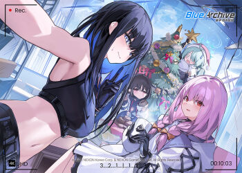 4girls arius_squad_(blue_archive) armpits atsuko_(blue_archive) bare_shoulders black_gloves black_hair black_shirt blue_archive blue_hair breasts christmas_tree closed_mouth crop_top cup gloves green_hair halo hat hiyori_(blue_archive) holding holding_cup indoors large_breasts long_hair long_sleeves looking_at_viewer mask_pull midriff misaki_(blue_archive) mo:oku multiple_girls navel official_art open_mouth pink_hair recording red_eyes santa_hat saori_(blue_archive) shirt stomach tearing_up v viewfinder