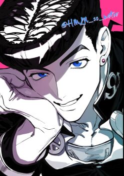 Rule 34 | 1boy, anchor symbol, blue eyes, collared jacket, commentary request, crew neck, dated commentary, diamond wa kudakenai, earrings, greyscale with colored background, head rest, higashikata josuke, highres, hmln ss motio, jacket, jewelry, jojo no kimyou na bouken, looking at viewer, male focus, peace symbol, piercing, pink background, pompadour, shirt, short sideburns, sideburns, smile, solo, stud earrings, twitter username, upper body