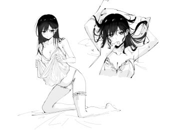 1girl 1other arms_up bare_shoulders barefoot blush breasts character_request check_character cleavage closed_mouth collarbone commentary dress embarrassed feint721 feint721_(person) finger_in_another&#039;s_mouth frilled_thigh_strap greyscale heart heart-shaped_pupils highres lifting_own_clothes long_hair looking_at_viewer medium_breasts monochrome multiple_views open_mouth original panties sketch strap_slip sweatdrop symbol-shaped_pupils thigh_strap thighs underwear