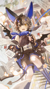 1boy animal_ears animal_hands arm_strap asymmetrical_legwear bare_shoulders black_eyes black_hair black_shorts black_socks black_wings blue_socks blurry blurry_background blush book bookshelf buttons chinese_commentary clothing_cutout commentary_request confetti day demon_boy demon_horns demon_tail demon_wings detached_sleeves envelope fang feet_out_of_frame flying_paper food frown gloves hair_between_eyes heterochromia highres holding holding_food horns indoors knee_up legwear_garter long_sleeves looking_at_viewer lovebrush_chronicles low_ponytail male_focus mini_wings mismatched_animal_ear_colors mismatched_legwear multicolored_hair official_art open_book open_mouth paper paul_(lovebrush_chronicles) paw_gloves peter_pan_collar petite plant ponytail puffy_long_sleeves puffy_sleeves purple_horns purple_scarf raised_inner_eyebrows scarf senryoko shirt short_eyebrows short_hair shorts simple_background sleeveless sleeveless_shirt slit_pupils smoke socks solo split-color_hair star_(symbol) stitches straight-on striped_clothes striped_socks suspenders tail tearing_up vertical-striped_clothes vertical-striped_socks vines waist_cape watermark weibo_watermark white_background white_hair white_shirt wings yellow_eyes