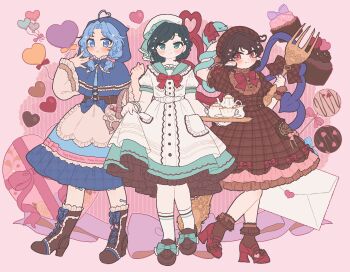 Rule 34 | 3girls, alternate costume, apron, aqua dress, aqua eyes, black hair, blue dress, blue eyes, blue hair, blue hood, boots, brown dress, commentary, cup, cupcake, dress, food, fork, frilled apron, frills, full body, high heels, highres, holding, holding fork, holding tray, houjuu nue, kumoi ichirin, letter, looking at viewer, multiple girls, murasa minamitsu, oversized fork, red eyes, sakurasaka, short sleeves, skirt hold, standing, teacup, teapot, touhou, tray, untranslatable commentary