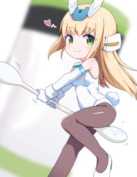 1girl baselard blonde_hair blurry blurry_background breasts brown_pantyhose closed_mouth commentary_request cotton_swab deformed elbow_gloves frame_arms_girl gloves green_eyes heart highleg highleg_leotard highres holding_cotton_swab ko_pot-au-feu leotard long_hair looking_at_viewer mini_person minigirl pantyhose rabbit_tail shoes small_breasts smile solo split_mouth tail white_gloves white_leotard white_shoes white_wrist_cuffs wrist_cuffs