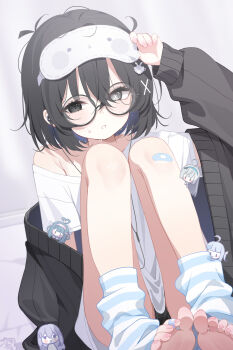 5girls amano_nene_(tenshi)_(vtuber) amano_nene_(vtuber) amatsuka_uto armpit_crease bandaid bandaid_on_leg bilingual_text black-framed_eyewear black_cardigan black_hair black_panties cardigan cardigan_partially_removed chat_log chibi commentary deyui deyuni earbuds earphones english_commentary english_text eyewear_on_head female_tyrant_(stella_sora) glasses gochuumon_wa_usagi_desu_ka? grey_background grey_eyes hair_ornament heart heterochromia highres indie_virtual_youtuber jitome kafuu_chino legs loose_socks medium_hair mini_person minigirl mismatched_pupils mixed-language_text multiple_girls open_cardigan open_clothes original panties shirt short_hair short_sleeves single_bare_shoulder single_off_shoulder sitting socks solo_focus speech_bubble spoken_heart stella_sora symbol-shaped_pupils t-shirt toes tyrant_(stella_sora) underwear virtual_youtuber voice-ore white_shirt x-shaped_pupils x_hair_ornament |_|