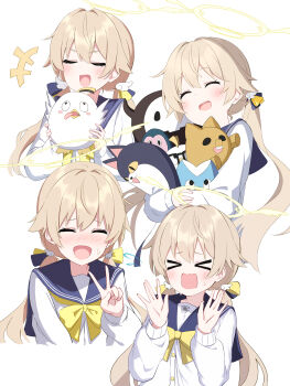 Rule 34 | > <, +++, 1girl, absurdres, black sailor collar, blue archive, blush, buttons, cardigan, closed eyes, fang, foulo paints, hair between eyes, hifumi (blue archive), highres, light brown hair, long hair, low twintails, multiple views, open mouth, peroro (blue archive), sailor collar, simple background, smile, twintails, white background, white cardigan